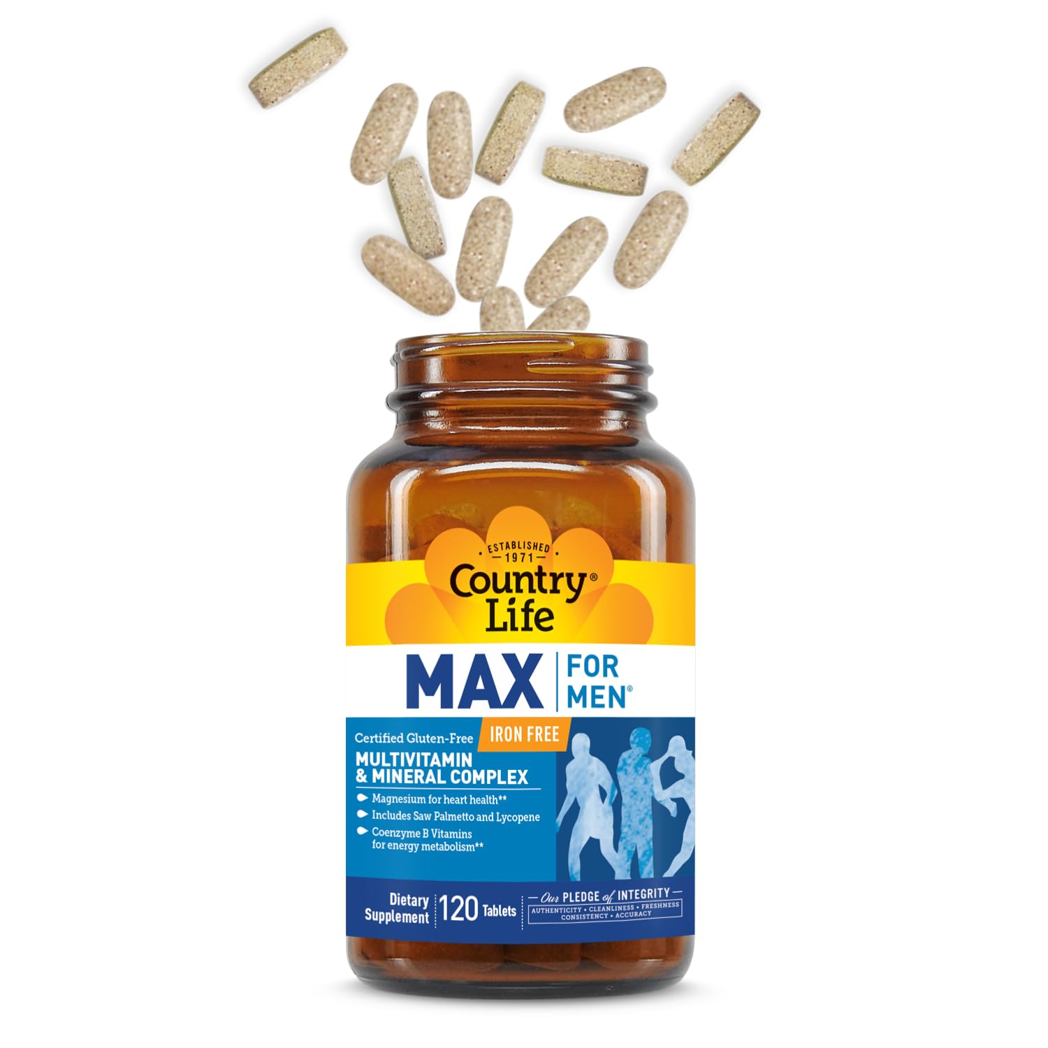 Magnesium symbol and notes on Country Life Max for Men for heart health support.