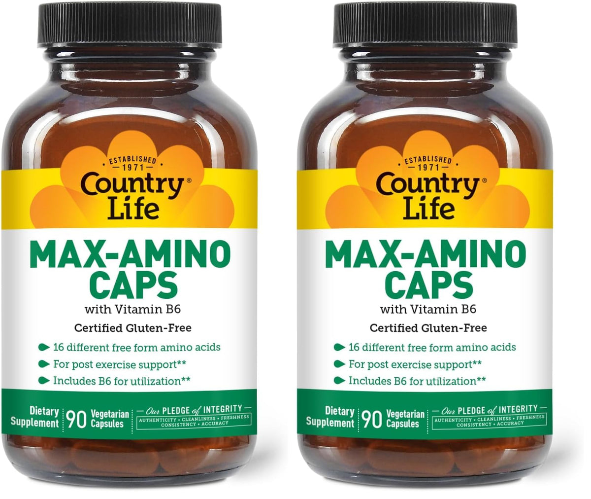 Country Life Maxi-Amino bottle front with gluten-free and vegetarian certifications