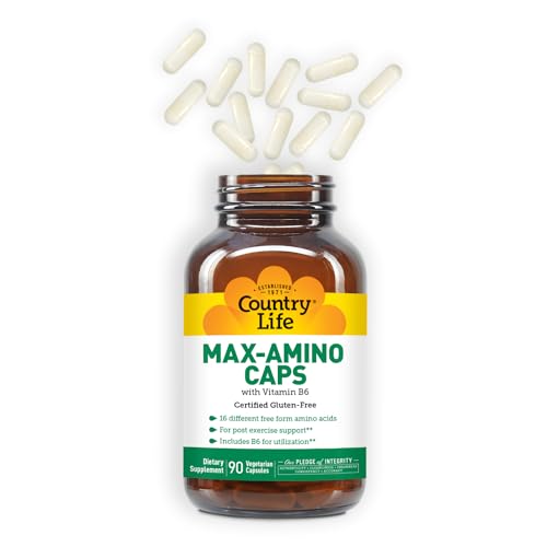 Country Life Maxi-Amino capsules close-up showing easy-to-swallow vegetarian capsules