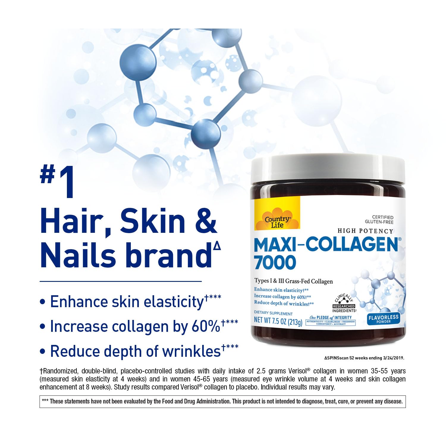 Country Life Maxi-Collagen 7000 powder dissolving into a beverage for easy daily use.