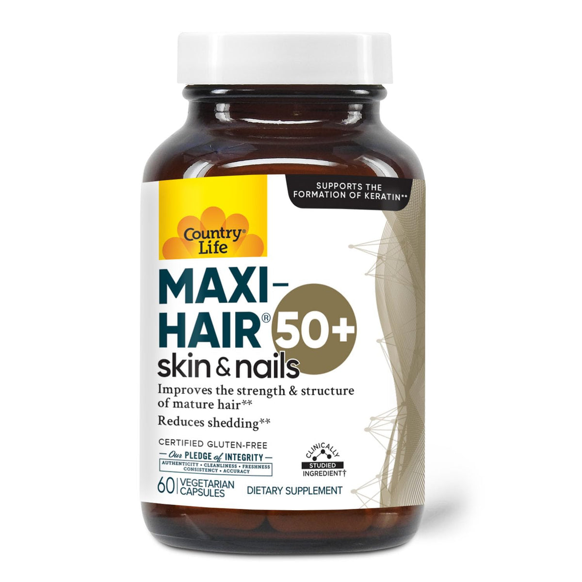 Country Life Maxi-Hair 50+ bottle pour, capsules for supporting healthy aging hair.