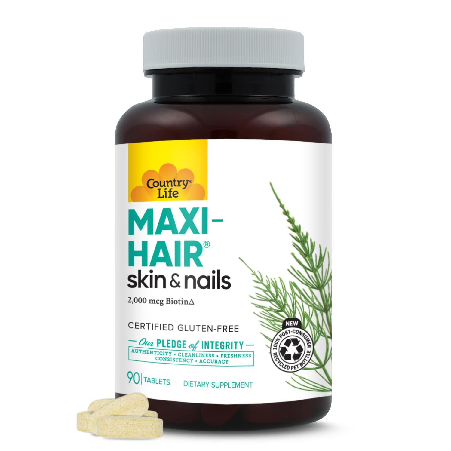 Country Life Maxi-Hair bottle closeup for premium beauty support