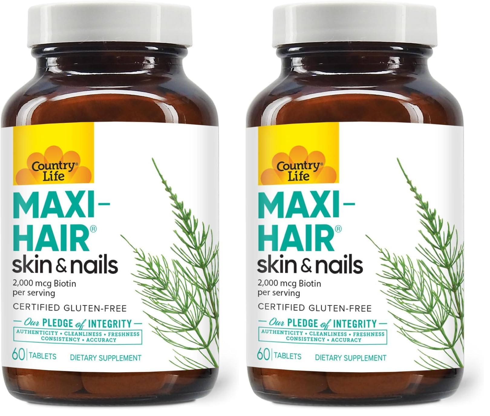 Country Life Maxi-Hair bottle shown for daily hair, skin, and nails support