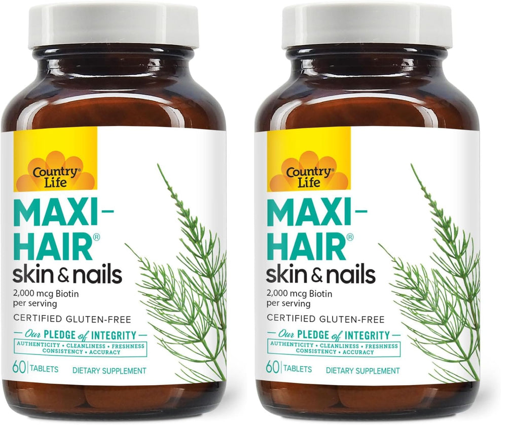 Country Life Maxi-Hair bottle shown for daily hair, skin, and nails support