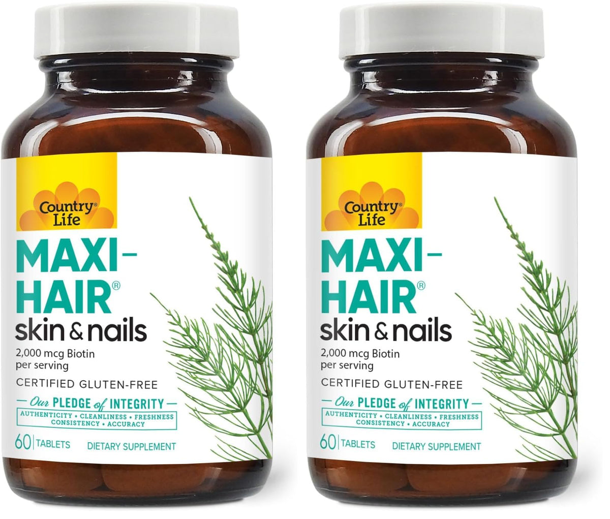 Country Life Maxi-Hair bottle shown for daily hair, skin, and nails support