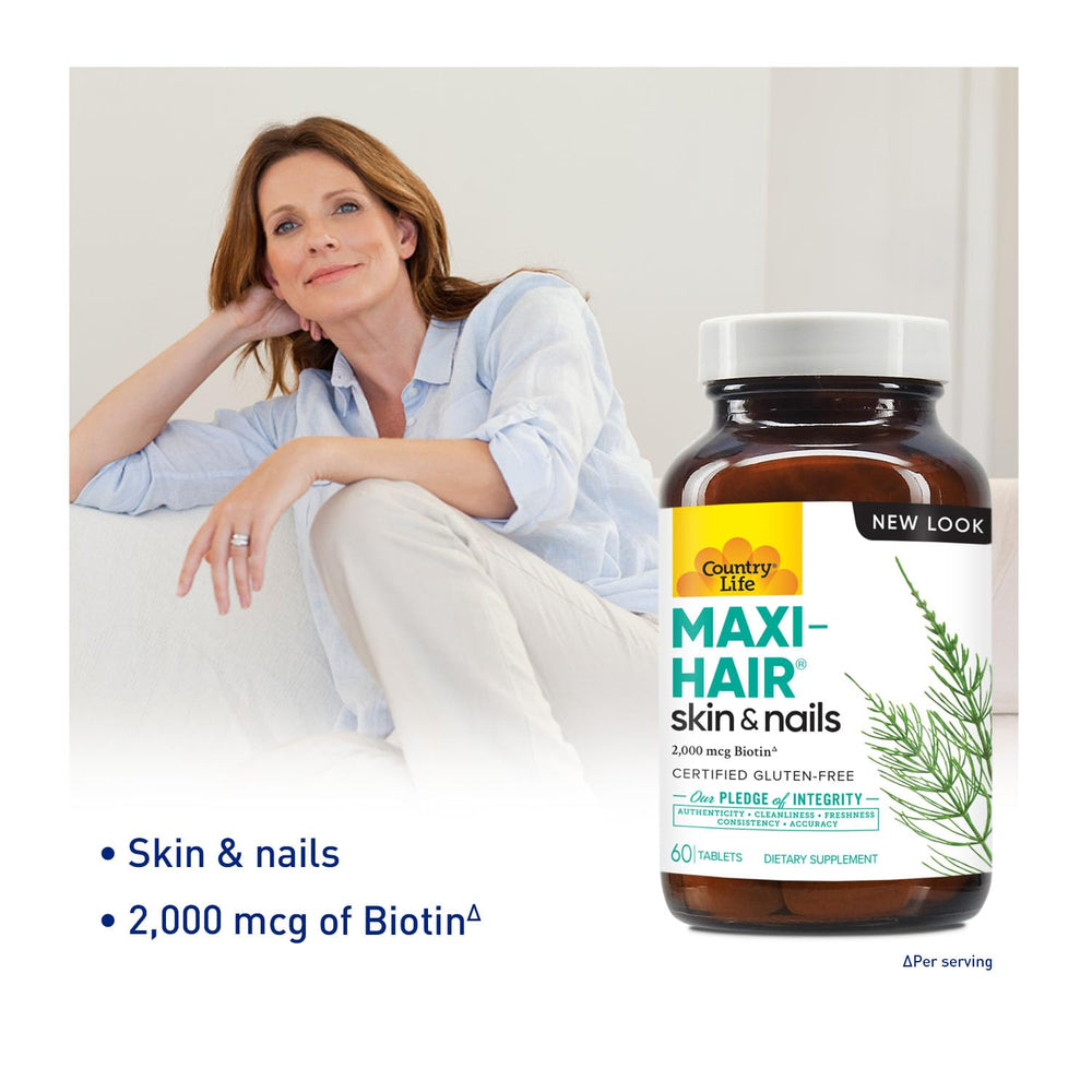 Country Life Maxi-Hair label highlighting 2000mcg biotin and vegetarian formula