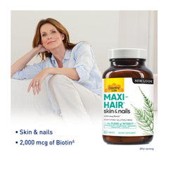 Country Life Maxi-Hair label highlighting 2000mcg biotin and vegetarian formula