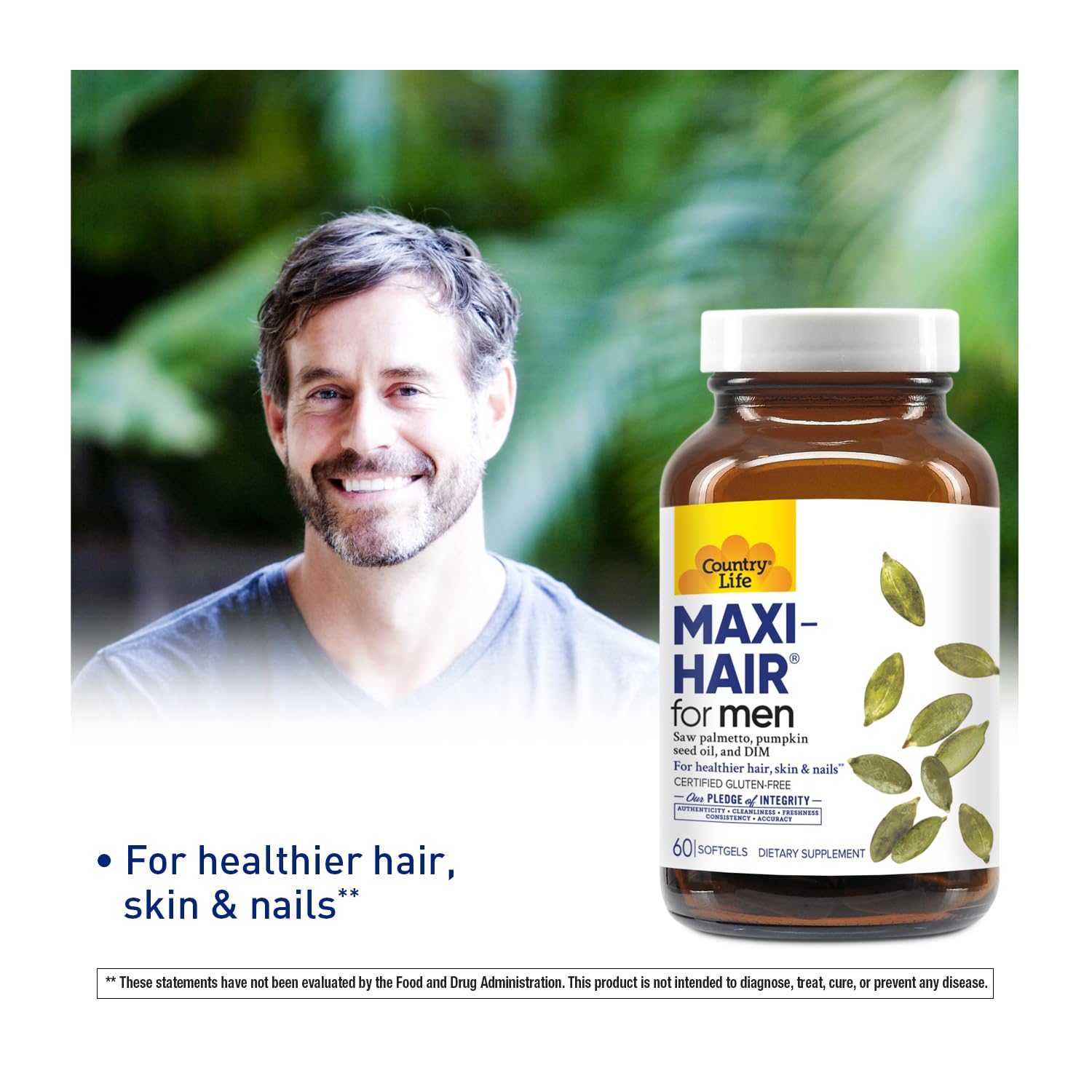 Country Life Maxi-Hair for Men capsules beside the label showing zinc and magnesium for balance.
