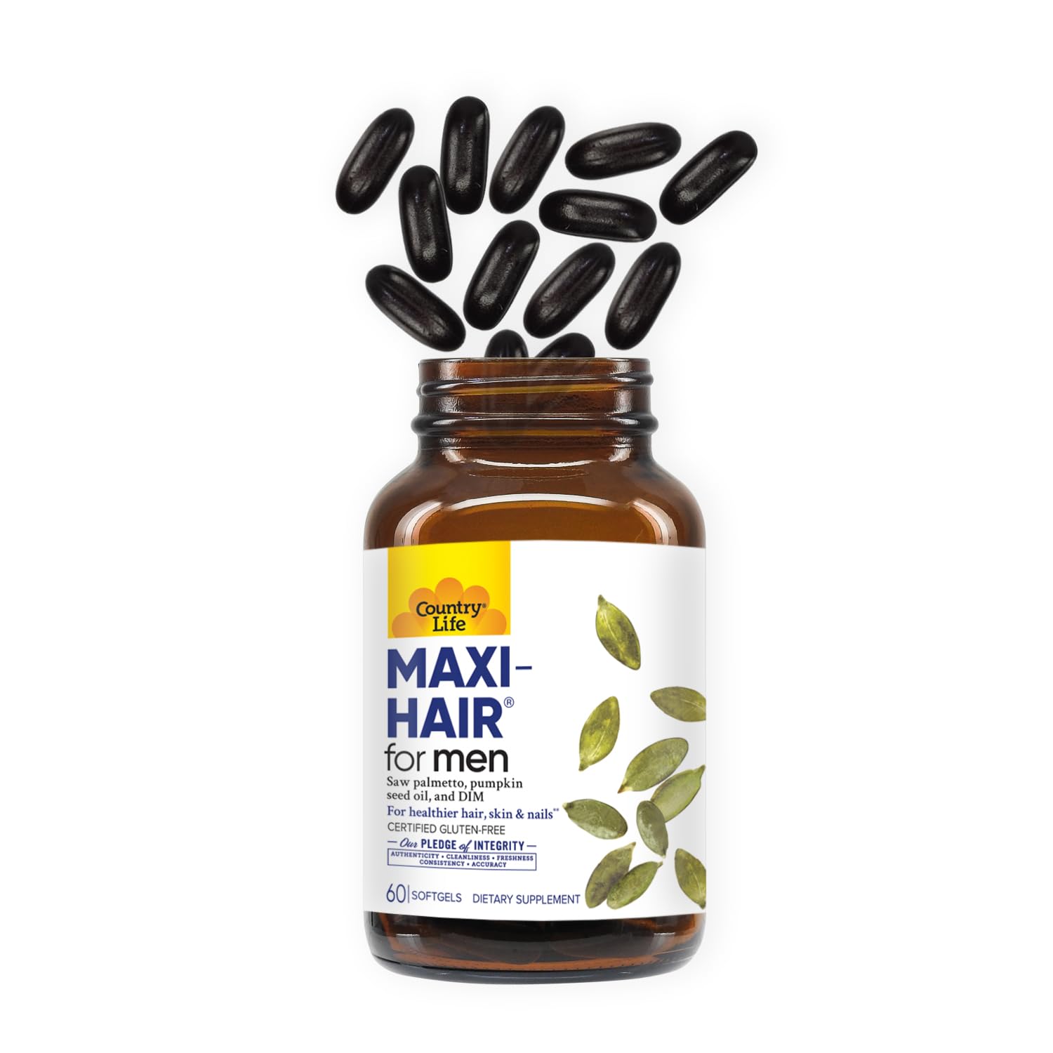 Country Life Maxi-Hair for Men hair-health visual emphasizing scalp and nails support.