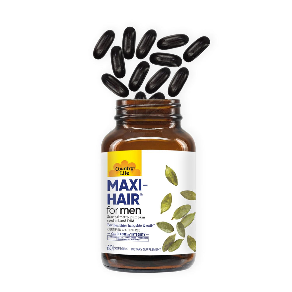 Country Life Maxi-Hair for Men hair-health visual emphasizing scalp and nails support.