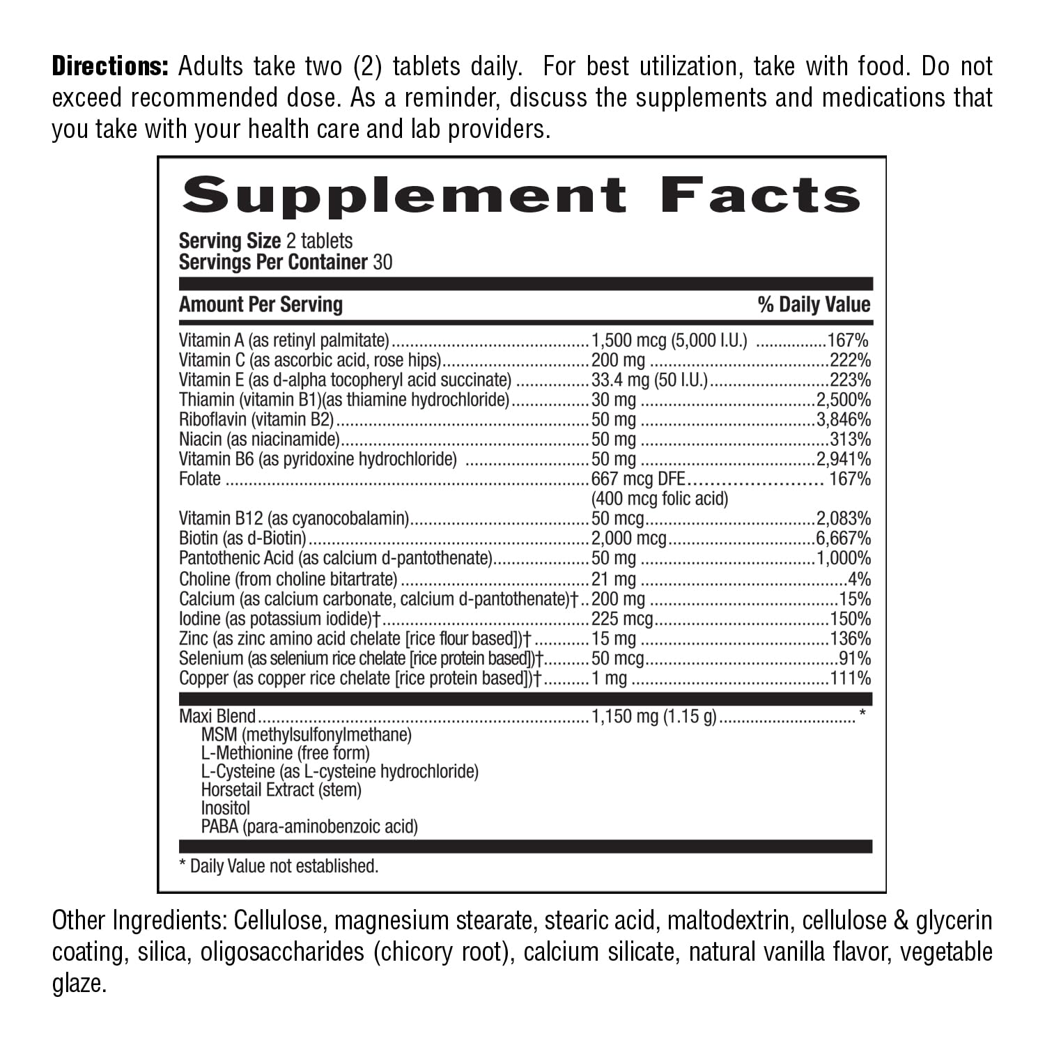 Country Life Maxi-Hair nutrition facts panel with key vitamins for beauty