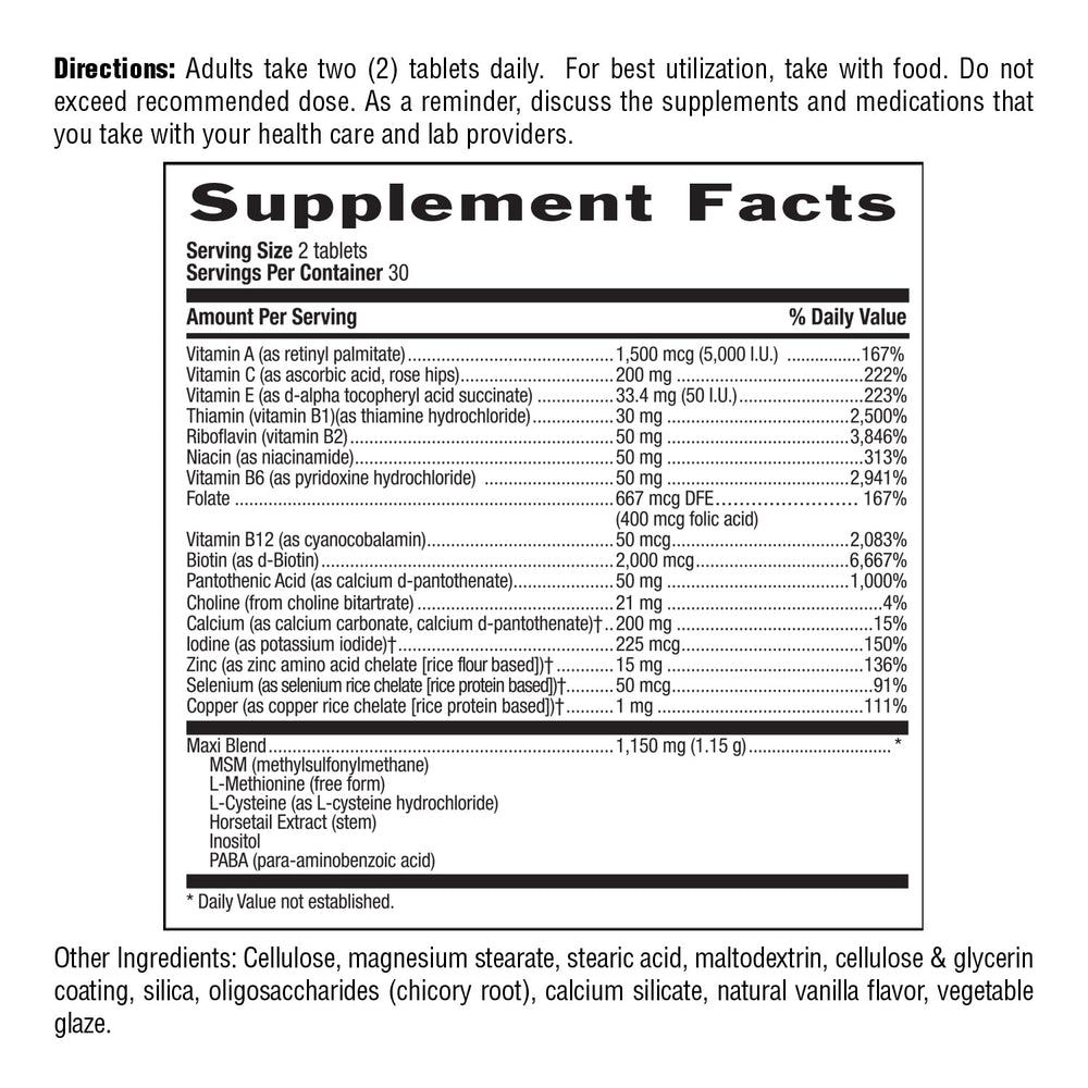 Country Life Maxi-Hair nutrition facts panel with key vitamins for beauty