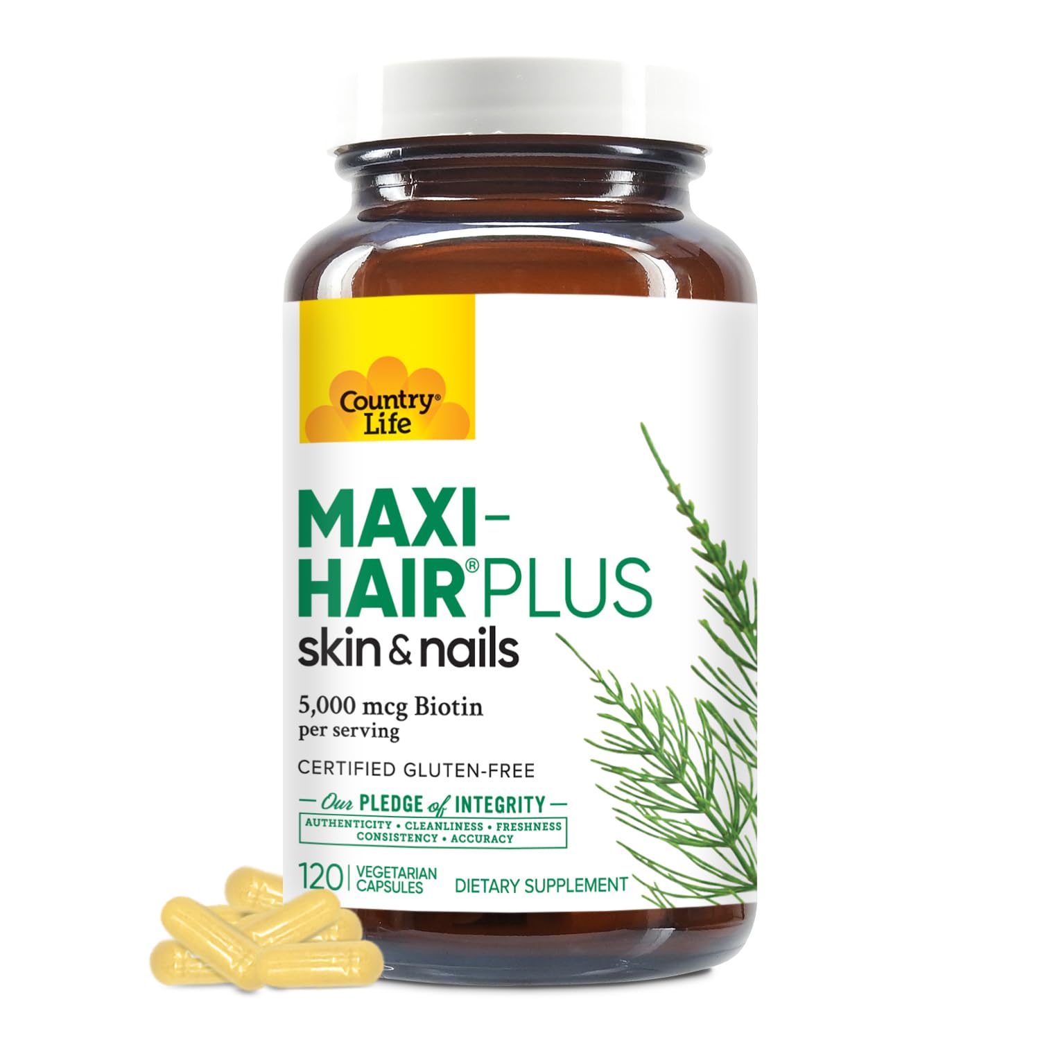 Country Life Maxi-Hair Plus Biotin bottle with capsules for daily beauty support