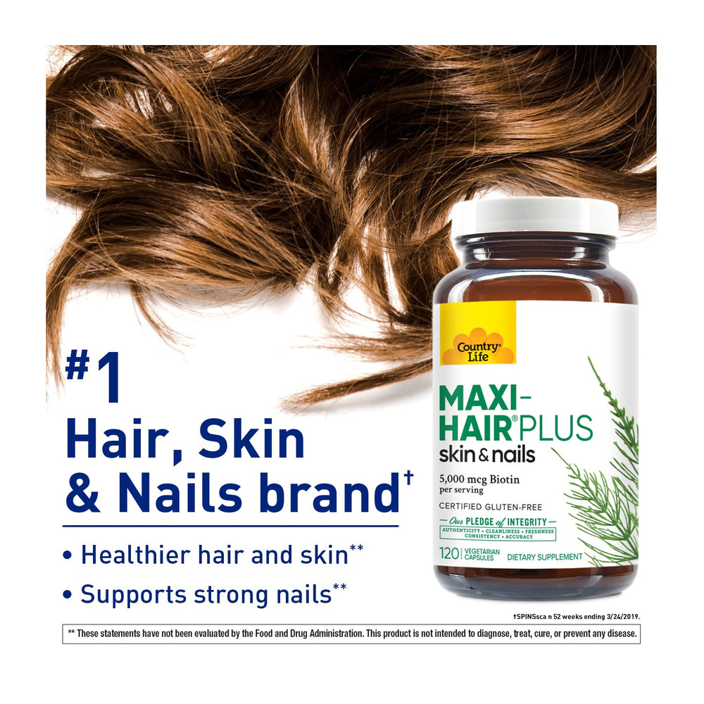 Country Life Maxi-Hair Plus Biotin capsules close-up ready for daily use