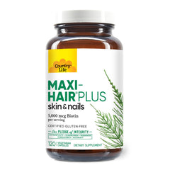 Country Life Maxi-Hair Plus Biotin label highlights gluten-free, vegetarian formula
