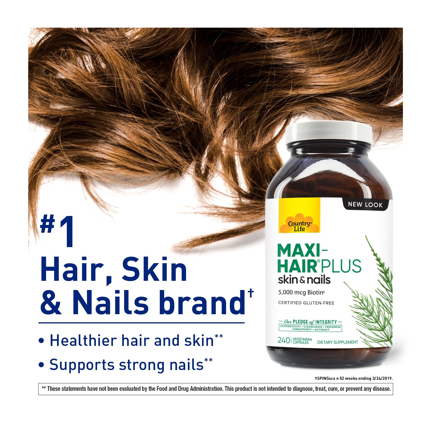 Country Life Maxi-Hair Plus bottle label emphasizing biotin and hair benefits.