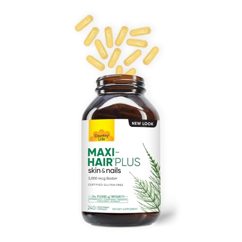 Country Life Maxi-Hair Plus capsules close-up, easy-to-swallow daily beauty support.