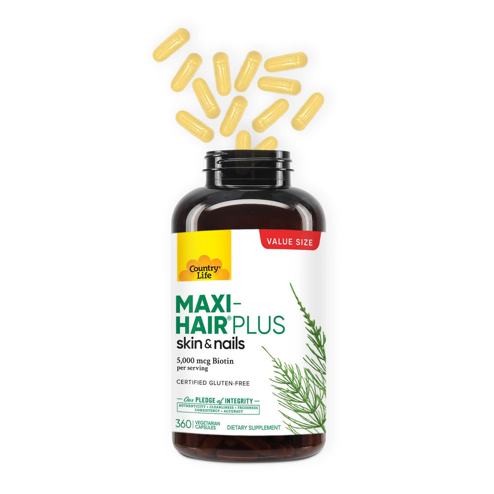 Country Life Maxi-Hair Plus label gluten-free closeup underlines vegetarian certification