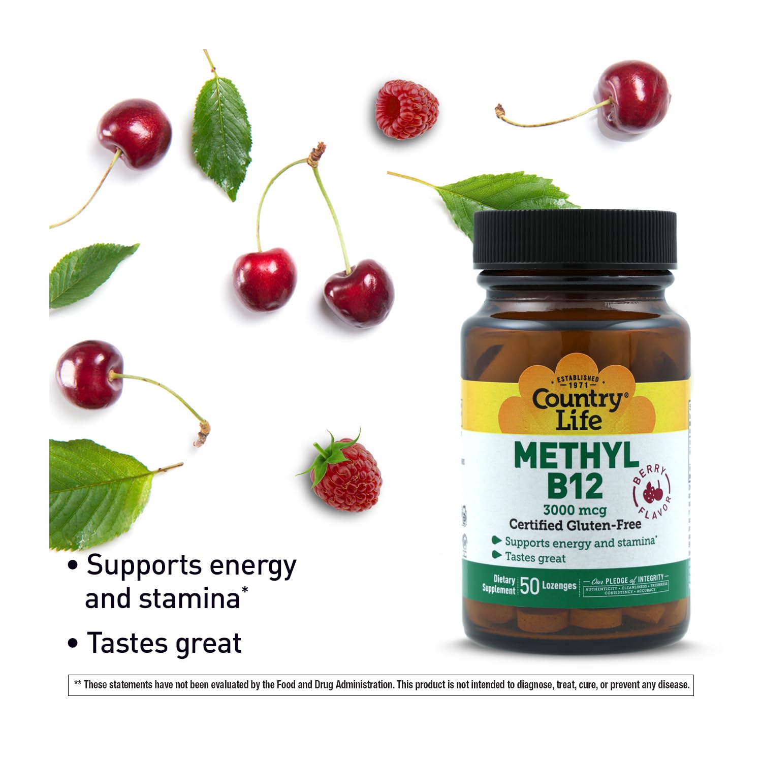 Close view of Country Life Methyl B-12 lozenges shows vegan formula.