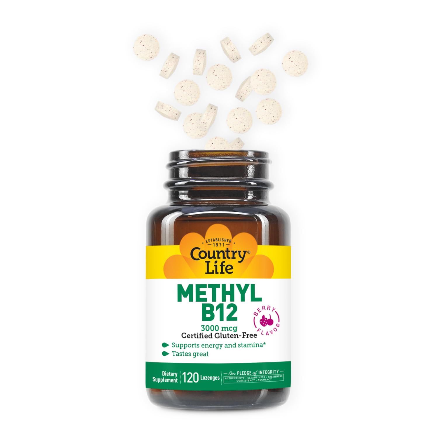Country Life Methyl B12 lozenges close-up shows berry flavor and easy dissolving