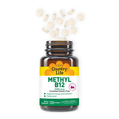 Country Life Methyl B12 lozenges close-up shows berry flavor and easy dissolving