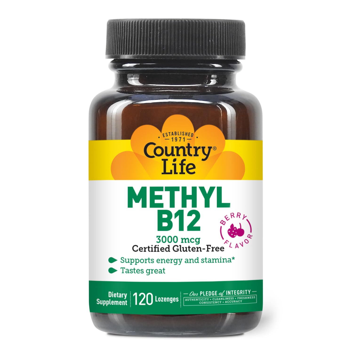 Country Life Methyl B12 lozenges bottle front highlights 120 vegan lozenges