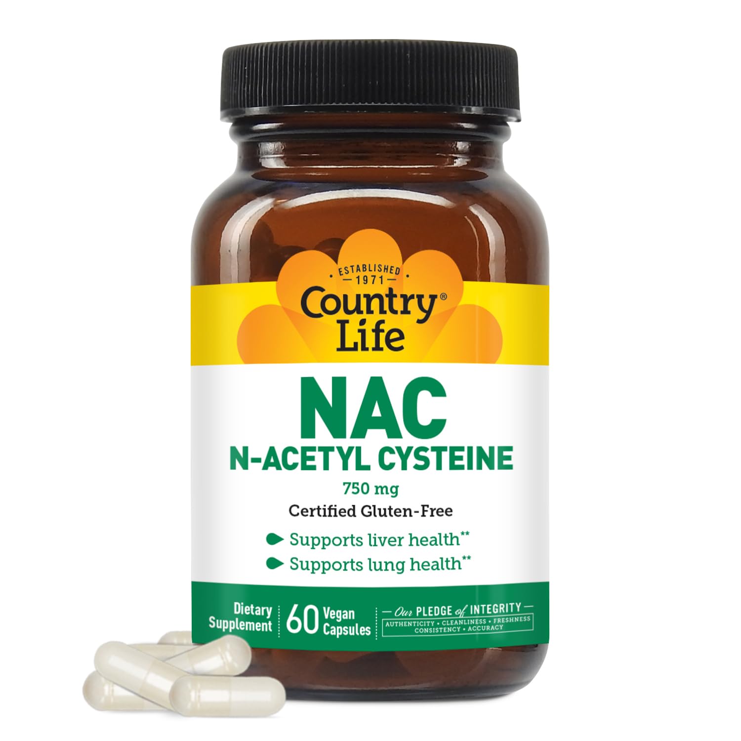 Country Life NAC bottle front showing premium liver and lung support in a vegetarian capsule