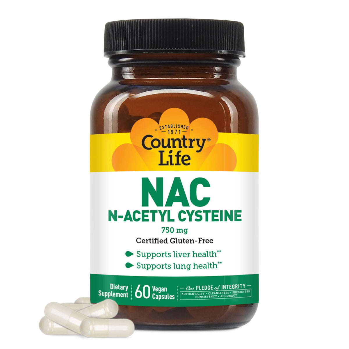 Country Life NAC bottle front showing premium liver and lung support in a vegetarian capsule