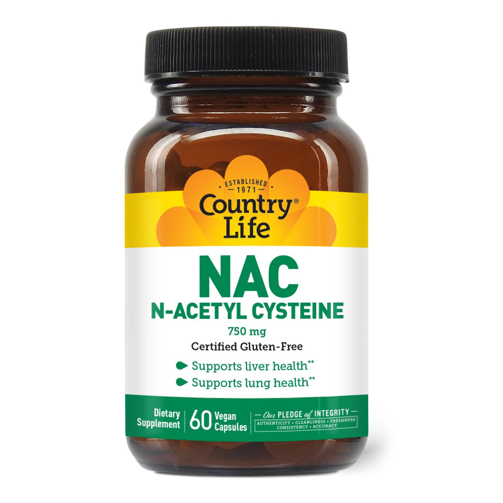 Country Life NAC bottle label close-up highlighting clean ingredients and dosage information
