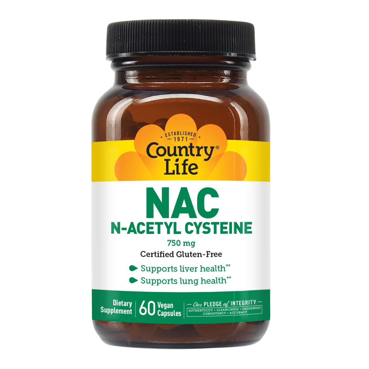 Country Life NAC capsules with water illustrate straightforward daily dosage