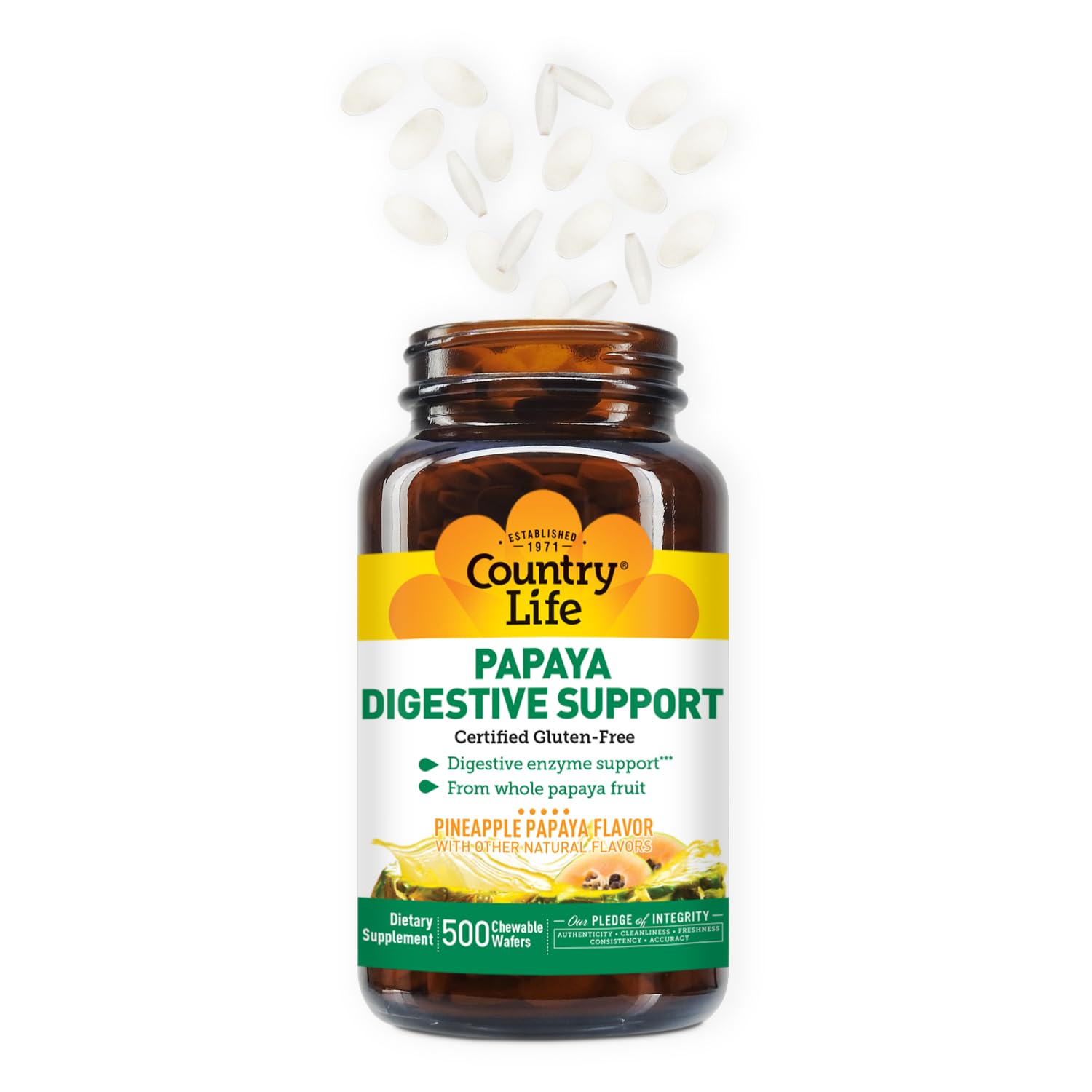 Country Life natural flavor pineapple papaya wafers image conveys pleasant after-meal enjoyment.