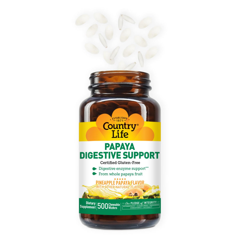 Country Life natural flavor pineapple papaya wafers image conveys pleasant after-meal enjoyment.