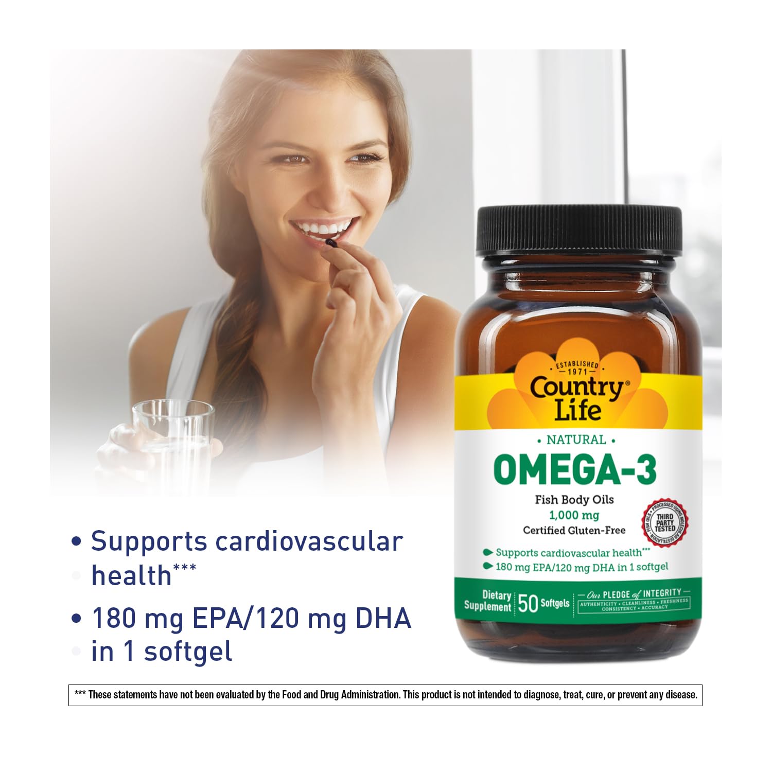 Country Life Omega-3 bottle label highlighting high EPA and DHA content.