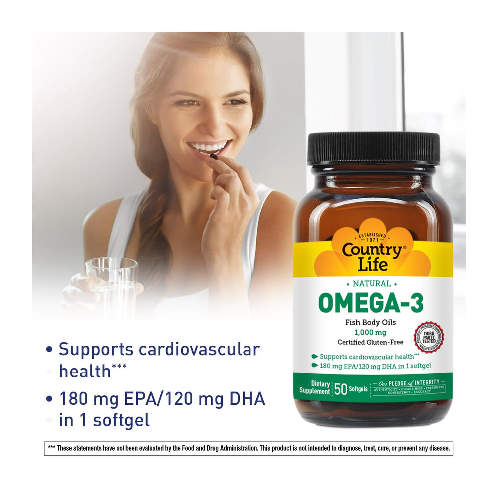 Country Life Omega-3 bottle label highlighting high EPA and DHA content.