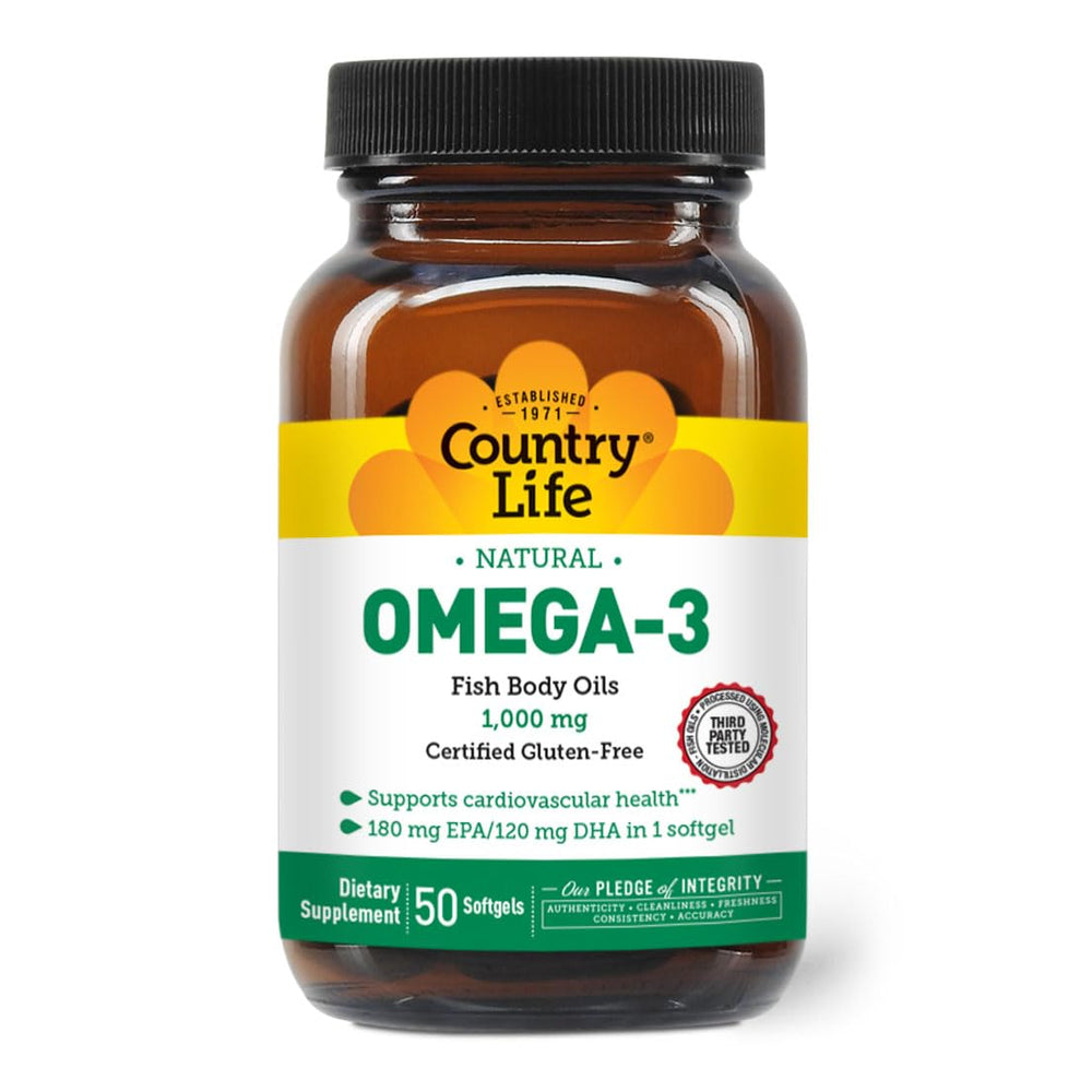 Country Life Omega-3 fish oil softgel, may support heart health and daily wellness.