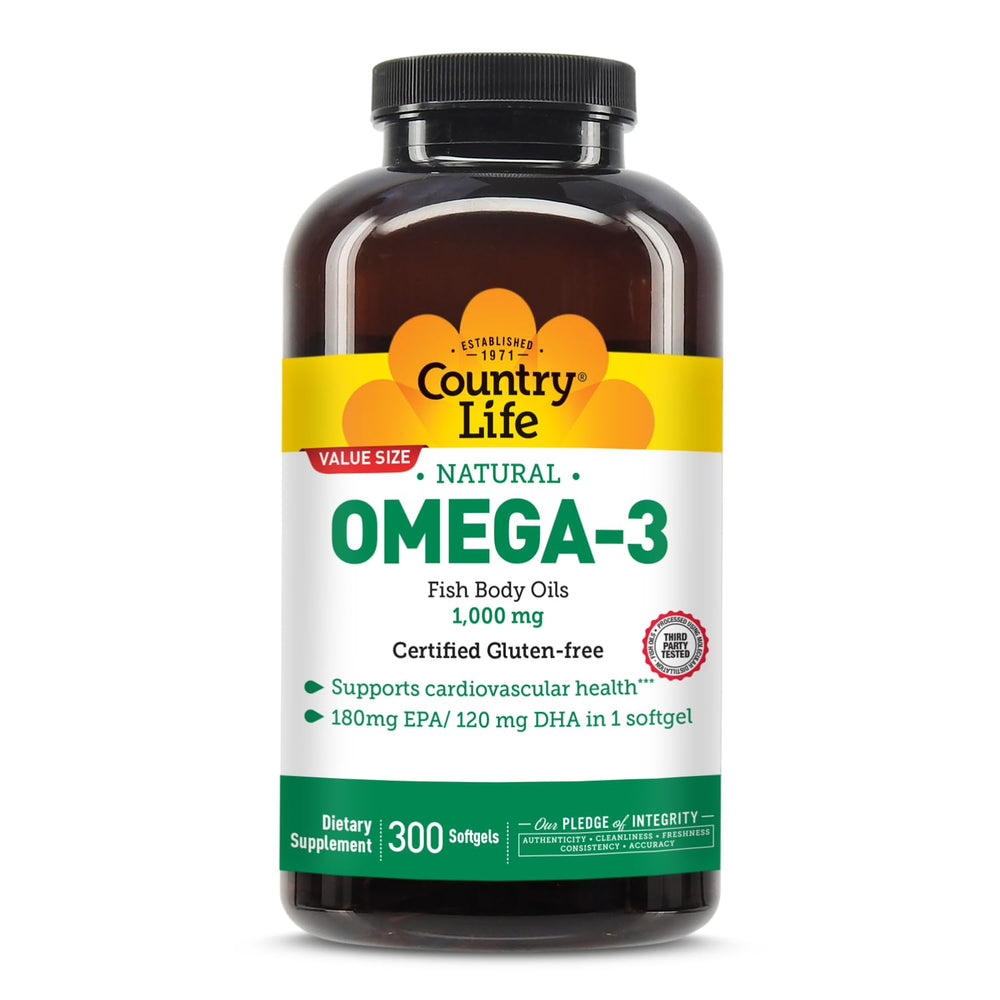 Country Life Omega-3 bottle front with burpless softgel formula for easy daily use