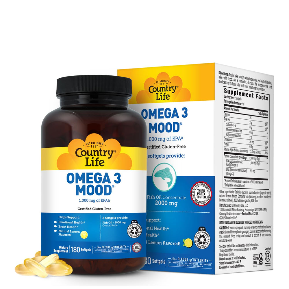 Country Life Omega-3 bottle ready for daily mood support with lemon flavor.