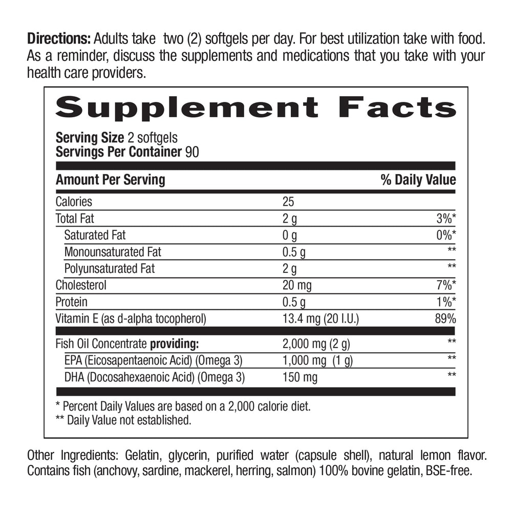 Close view of Country Life Omega-3 softgels showing dosage information.