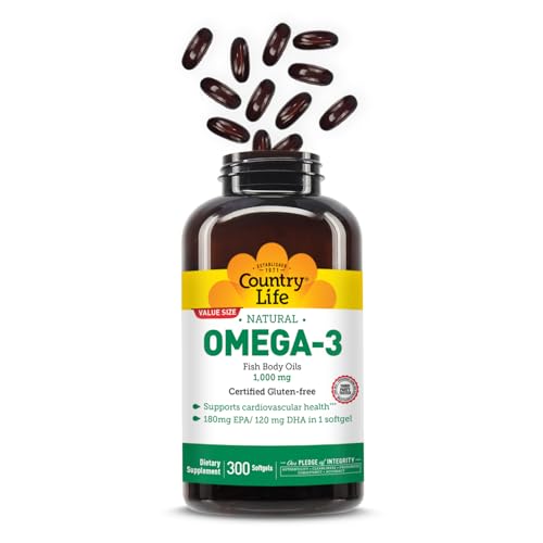 Close-up of Country Life Omega-3 softgels showing small, easy-to-swallow capsules