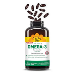 Close-up of Country Life Omega-3 softgels showing small, easy-to-swallow capsules