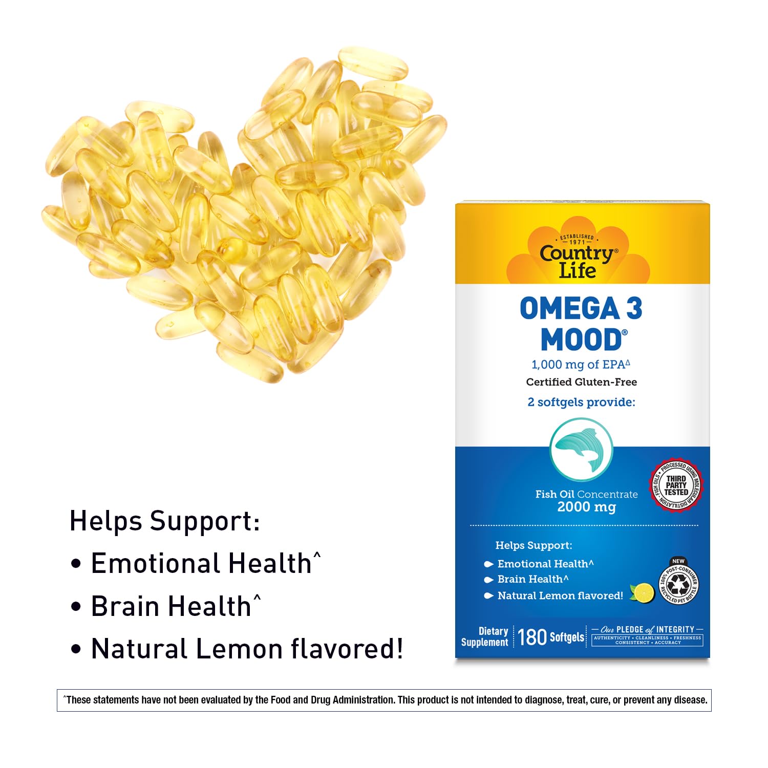 Pouring Country Life Omega-3 softgels to illustrate easy daily dose.