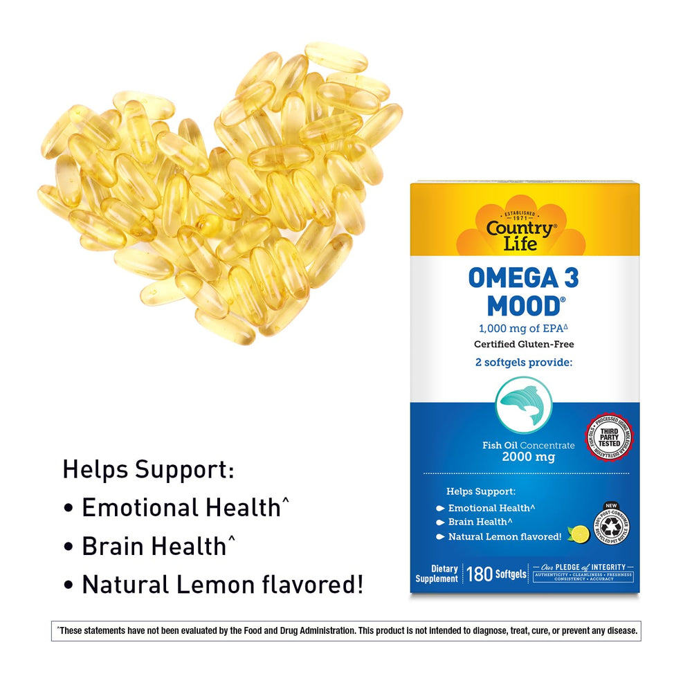 Pouring Country Life Omega-3 softgels to illustrate easy daily dose.