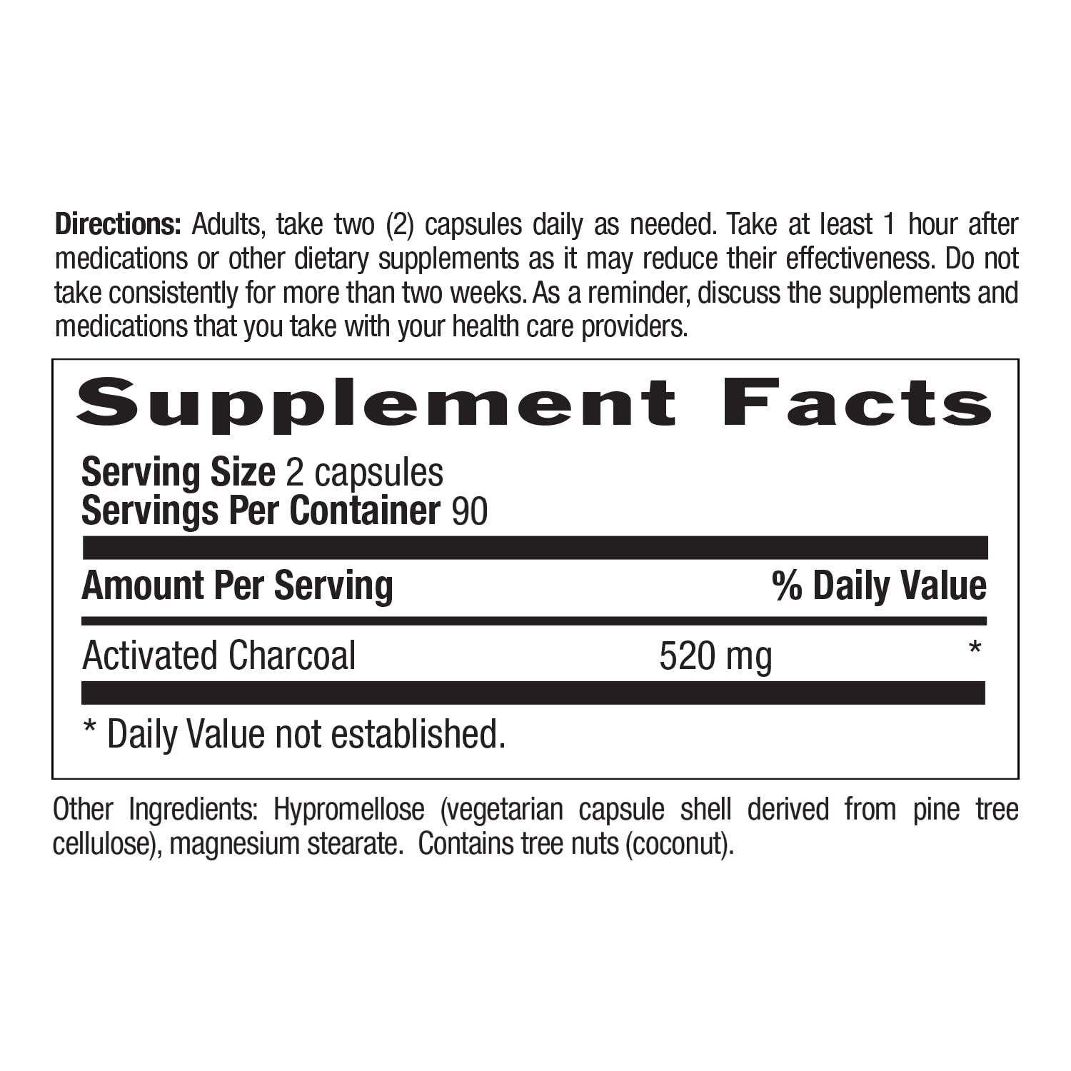 Organic coconut charcoal capsules label reveals natural digestive support.