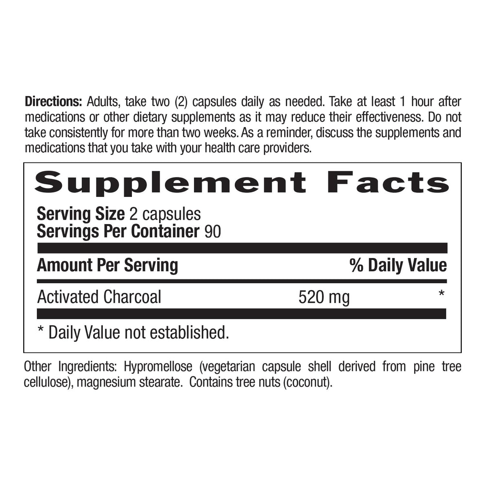 Organic coconut charcoal capsules label reveals natural digestive support.