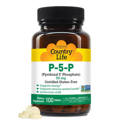 Country Life P-5-P Vitamin B6 bottle label showcasing gluten-free vegan certifications for daily use.