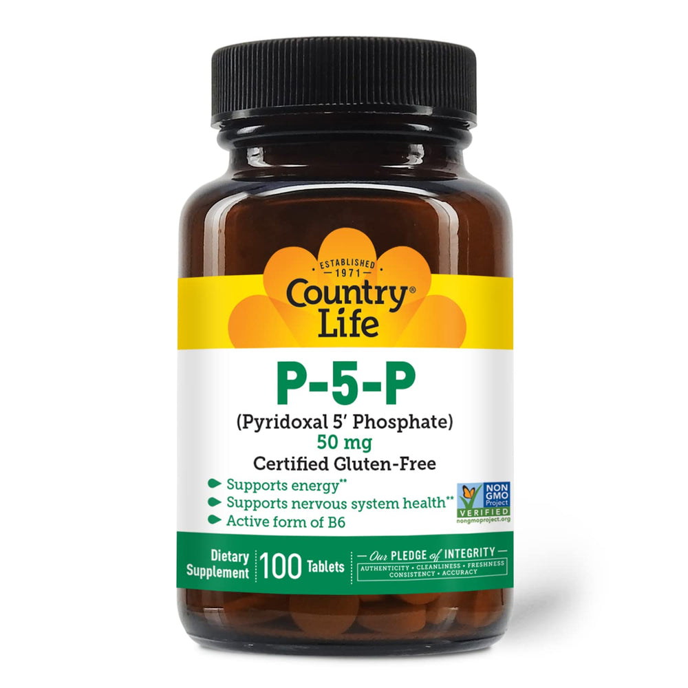 Country Life P-5-P bottle pour illustrating a simple daily supplement routine.