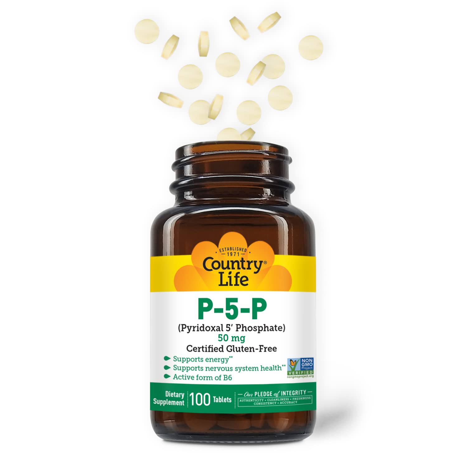 Country Life P-5-P Vitamin B6 capsules closeup emphasizing the bioavailable form for energy support.