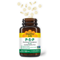 Country Life P-5-P Vitamin B6 capsules closeup emphasizing the bioavailable form for energy support.