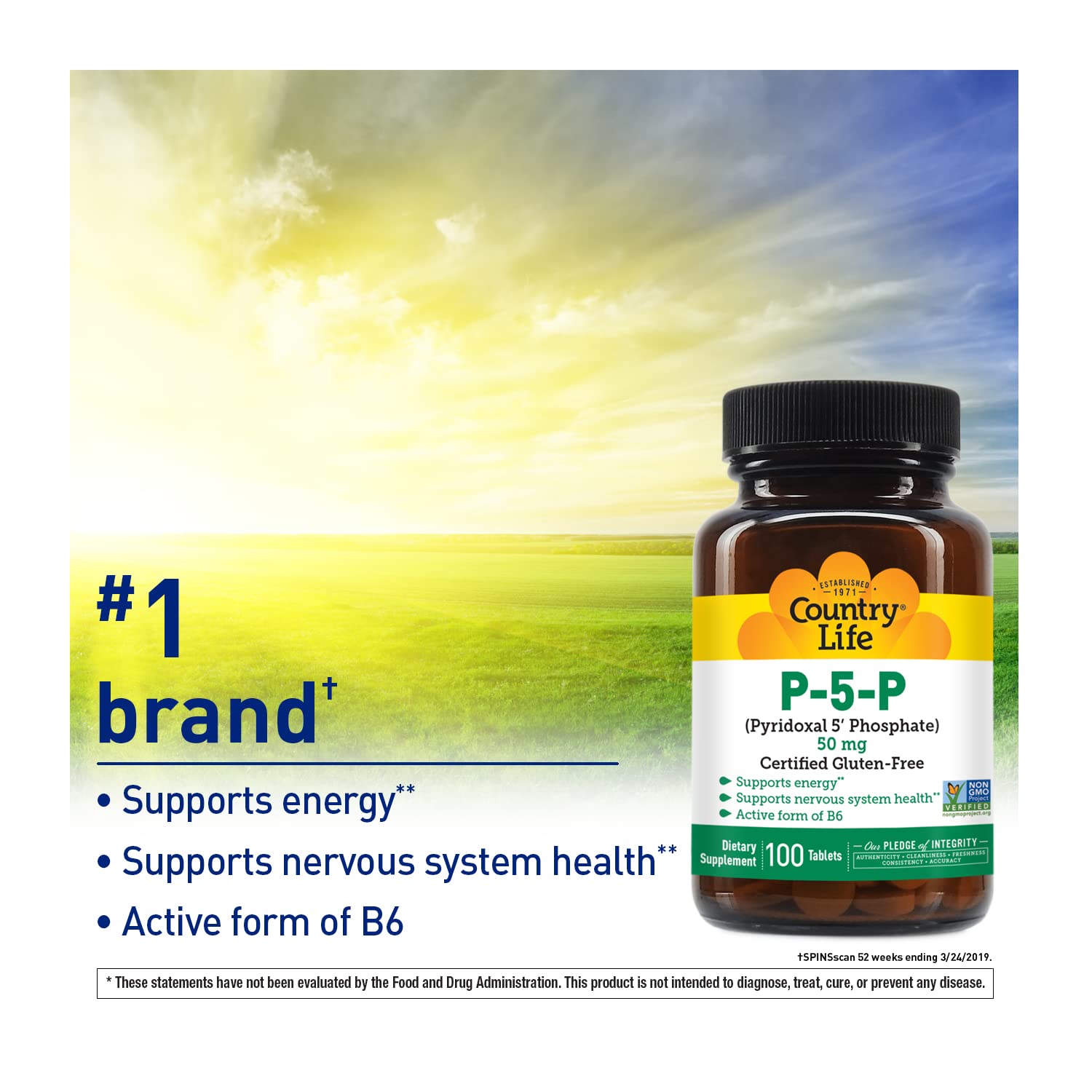 Country Life P-5-P bottle label with non-GMO badge signals trusted ingredient sourcing.