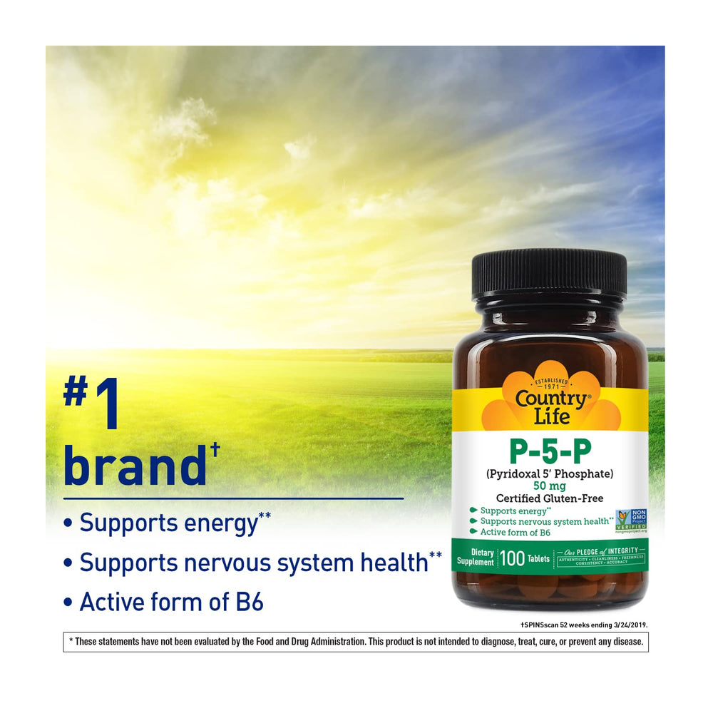 Country Life P-5-P bottle label with non-GMO badge signals trusted ingredient sourcing.